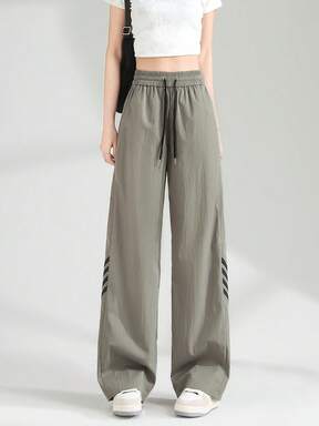 JUTU Lightweight Fabric Side Stripe Four Stripes Cement Gray Patchwork Black Stripe Drawstring Pocket Loose Casual Fashionable Pants, Suitable For Spring, Summer And Autumn