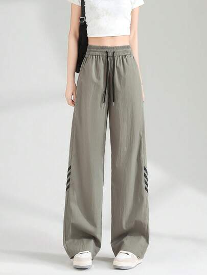 JUTU 春夏秋季休闲宽松长裤，侧边条纹，抽绳腰带，带口袋，街头风