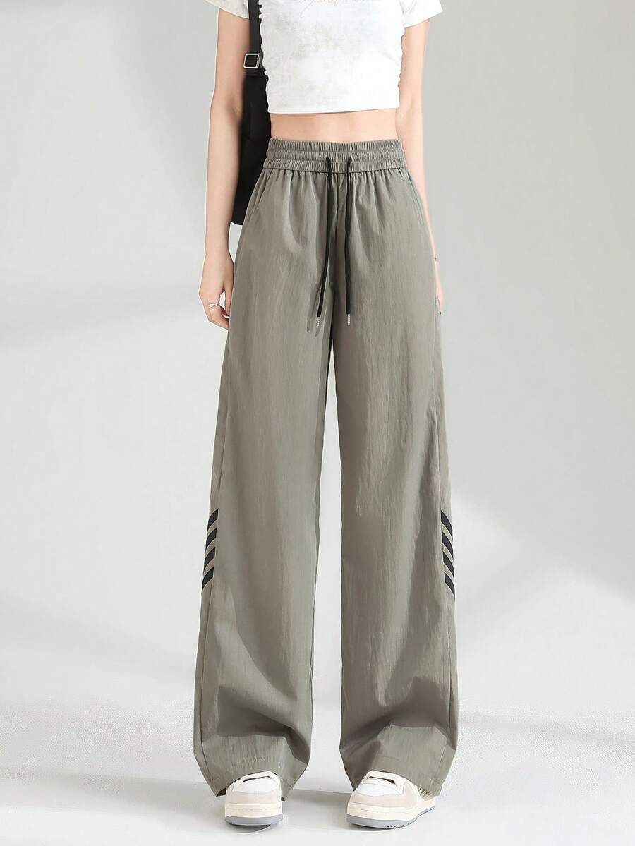 JUTU 春夏秋季休闲宽松长裤，侧边条纹，抽绳腰带，带口袋，街头风 - 0A90水泥灰拼黑 - 查看 1