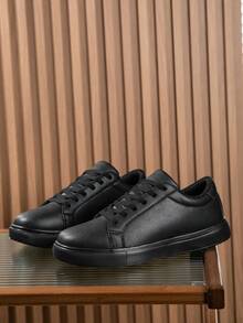 Men's Fashion Lace-Up Low-Top Skate Shoes, Lightweight Solid Black Basic Versatile Casual Sports Sneakers For Daily Outdoor, Couple Style ,Gym 2000s Style Valentine's Day Ideas - Black - View 3