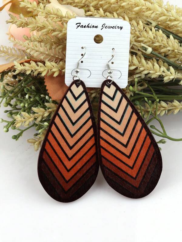 1 Pair Printed Wooden Water Drop Wooden Earrings, Suitable For Women's Daily Wear
