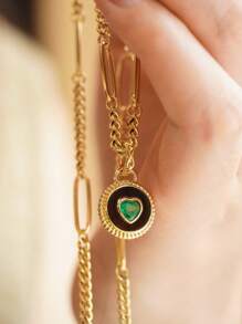 1pc 925 Sterling Silver Green Heart Cubic Zirconia Round Pendant Necklace, Elegant Vintage Style, Versatile For Women, Suitable For Daily Wear, Festivals, Party Gifts