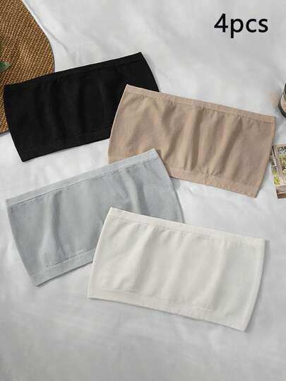 4pcs Women Anti-Slip Strapless Bandeau Cami Tube Top Seamless Soft Breathable Undergarment With Removable Fake Collar