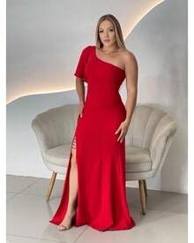 Vestido Longo de festa Madrinha Casamento com fenda ombro babado verde Oliva Esmeralda Terracota - Vermelho - Visão 1