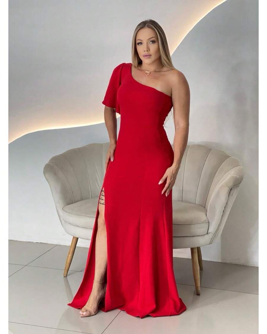 Vestido Longo de festa Madrinha Casamento com fenda ombro babado verde Oliva Esmeralda Terracota - Vermelho - Visão 1