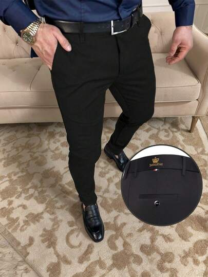 Men's Business Casual Pants, Elastic & Breathable Fabric, Crown Embroidered, Suitable For Summer