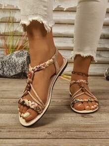 女士宽楦平底凉鞋，时尚奢华舒适凉鞋，百搭派对凉鞋，轻便户外沙滩休闲凉鞋，宽楦设计，适合夏季日常穿着、派对及户外活动 - 米色 - 查看 3