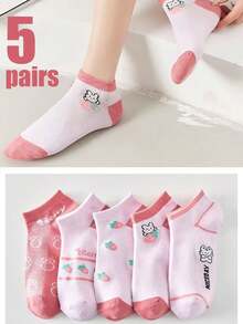5 Pairs Strawberry Rabbit & Letter Pattern Women's Casual Ankle Socks, Cute & Fashionable, Spring/Summer