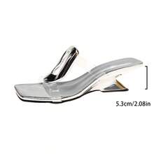 European And American Style Square-Buckle High Heels, Platform Sandals, Open-Toe Slides, Asymmetric Heels, Fashion Summer Outdoor Versatile High Heel Slippers - Silver - View 9
