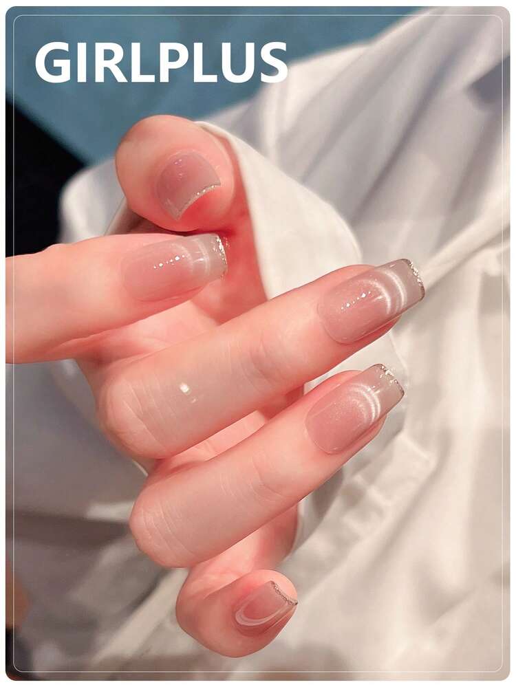 GIRL PLUS Girlplus “无妆感”10片纯手工假指甲，短/中长棺材型、椭圆型，简约时尚裸色高密度亮泽猫眼美甲贴片，猫眼法式边设计，优雅温柔可爱白色时尚美甲套装，适合任何肤色女性日常佩戴，按压式美甲，手工按压式美甲。 - 淺粉色 - 查看 5