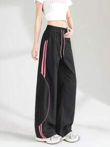 Casual Loose Drawstring Pocket Stitching Color Contrast Trousers,