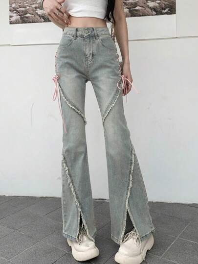 Retro Light Blue Tie-Up Split Hem Bell-Bottom Jeans, Summer