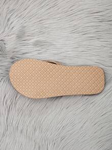 女士卡其色夏季草编平底凉鞋，仿亚麻鞋底休闲沙滩拖鞋 - 巧克力棕 - 查看 5