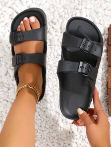 Dép quai đôi màu đen cho nữ, chất liệu EVA, thiết kế khóa, chống trượt, nhẹ, bền, mềm mại, thoải mái, giảm xóc, thích hợp cho hoạt động ngoài trời, bãi biển - màu đen - Xem 3