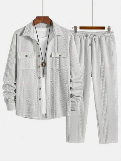 时尚简约男士休闲两件套，针织弹力几何提花图案，柔软面料领扣衬衫和斜口袋抽绳裤，适合休闲、通勤、春季街头时尚、秋季服装、舒适服装
