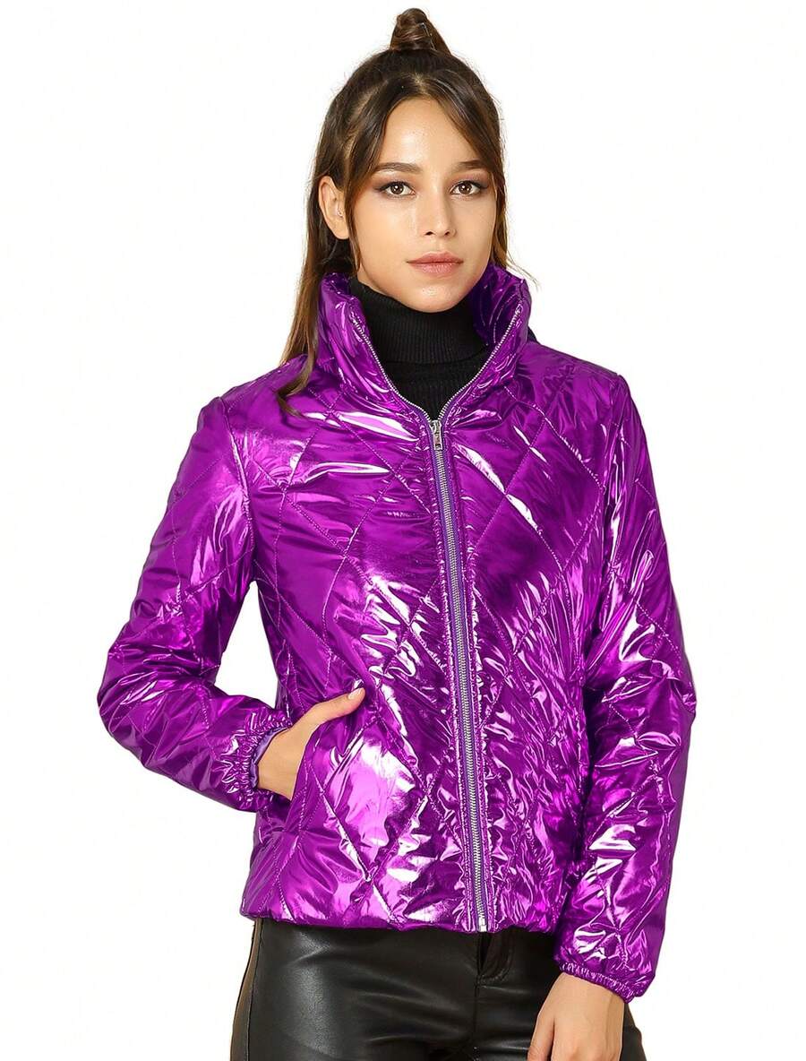 Women's Christmas Puffer Jacket Holographic Shiny Metallic Jacket - 紫色 - 查看 1