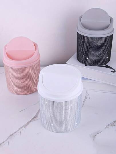 Sparkling Rhinestone Mini DIY Desktop Trash Can - Elegant Pink And Clear Plastic Waste Basket With Lid For Makeup Table, Office Desk, Or Vanity Organizer, Desktop Trash Ca,INS Style Desktop Small Garbage Bin Bedroom,New Girl Heart Home Cute Cover Net Red Mini Storage Box, Plastic Garbage Can With Lid, Tabletop Wastebasket, Trash Bin For Home Office Desk Decor,Coffee Table, Office, Living Room, Study