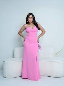 Women's Long Dress Side Slit Crossed Back Thin Strap V-Neck Bodice Elegant Party - 淺粉色 - 查看 4