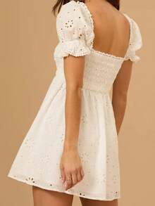 Women's Short Puff Sleeve Dress Solid Color Eyelet Shirred Bust Square Neck Mini A-Line Dress - White - View 5