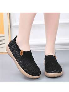 女士纯咖啡棕色面料平底舒适不疲劳鞋，轻便透气休闲时尚防滑软底女鞋，春季 - 黑色 - 查看 2