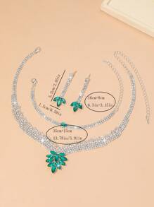 4pcs Green Crystal Leaf Design Jewelry Set For Women, Bridal Crystal Necklace, Bracelet And Earrings Set, Suitable For Weddings, Parties, Evening Dresses