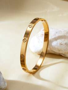 TONSI 1pc Stainless Steel 18K Gold Plated Snap Cuff Bracelet, Clover Element Cubic Zirconia Inlaid, Women Jewelry Gift Box, Birthday/Holiday Gift - Bracelet Gift Box - View 4