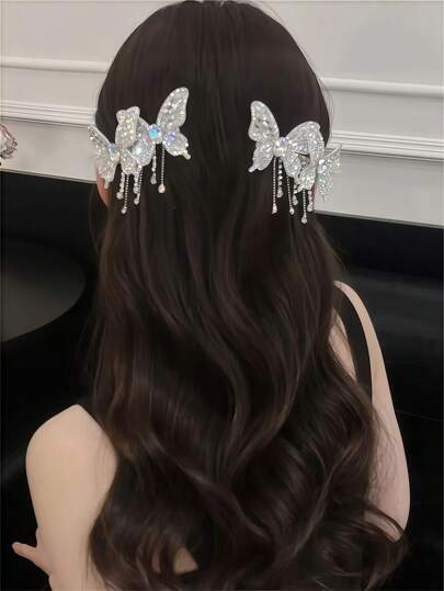 1pc/2pcs Women Shiny Crystal Butterfly Tassel Claw Clips, Elegant Party/Casual Hairstyle Accessories, Suitable For Ponytail, Bangs, Side Decor, Cute & Elegant Hair Claws Hair Barrettes