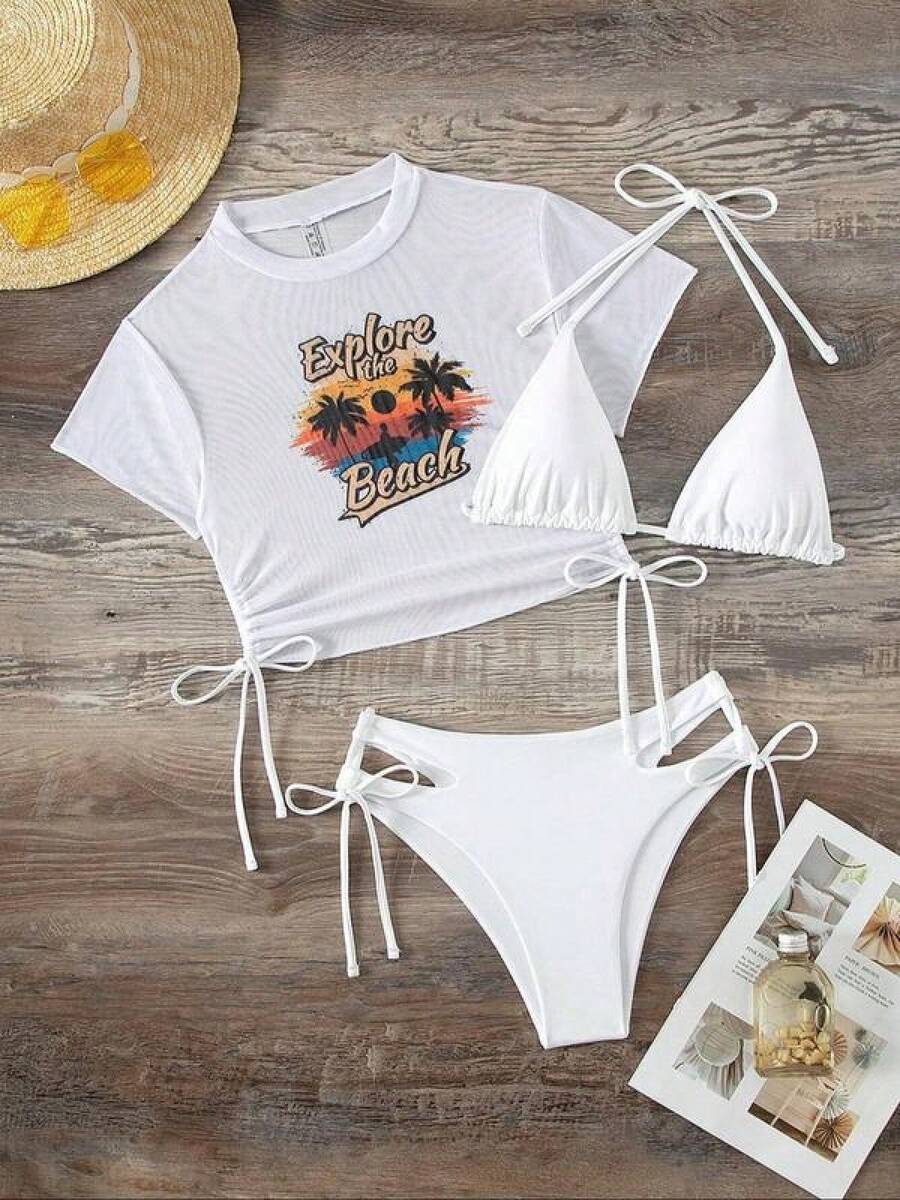 Conjunto de bikini de 3 piezas con cordón, estampado de letras y árboles, diseño fruncido. Incluye también camiseta de cuello redondo casual, sujetador de triángulo y pantalón de natación con lazo lateral. Traje de baño de verano para mujer y niñas, ideal para volver al colegio, con un diseño minimalista - azul real - Ver 1