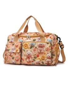 1pc Teddy Bear Graphic Travel Luggage Bag, Large Capacity With Separate Shoe Compartment, Wet Dry Divider Bag, Detachable Adjustable Shoulder Strap, Suitable For Travel, Swimming, Fitness And Sports - Yellow - View 9