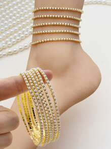 1 set/Múltiple Pulsera de tenis con banda elástica y perlas falsas, color dorado 3MM