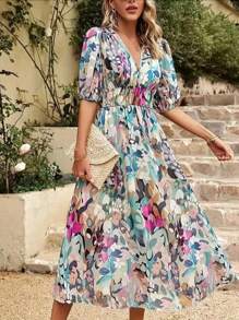 Sukienka z dekoltem w serek z nadrukiem kwiatowym, elegancka sukienka w dużym rozmiarze dla kobiet