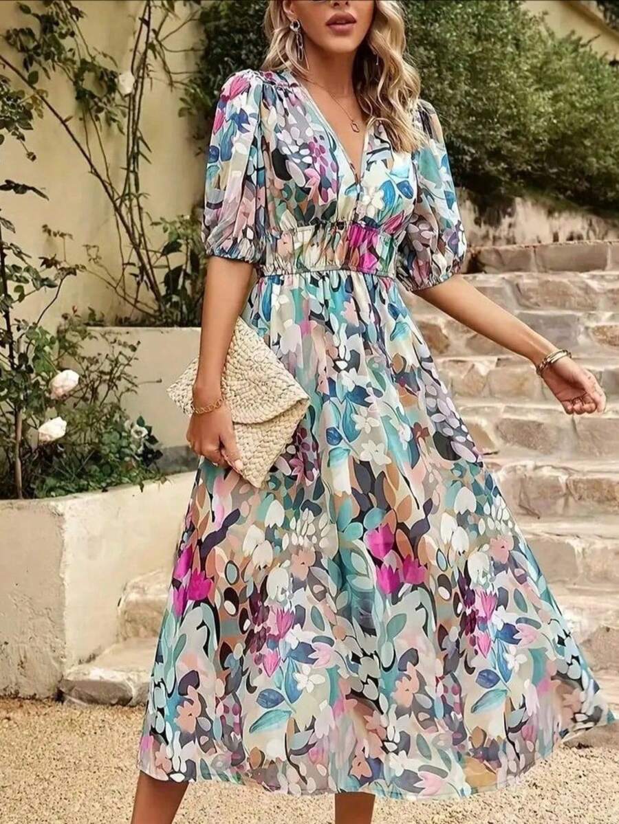 Sukienka z dekoltem w serek z nadrukiem kwiatowym, elegancka sukienka w dużym rozmiarze dla kobiet