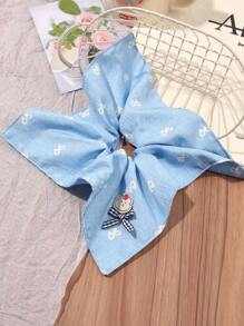 1pc Sweet Collegiate Bowknot Print Blue Square Scarf Hair Tie, Cute Teddy Bear Cartoon Soft Fabric Ponytail Holder, Versatile & Minimalist Ponytail Holders Hair Elastics Hair Rubber Bands Scrunchies Hair Rope Elastic Hair Tie