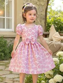 少女提花蝴蝶结泡泡袖连衣裙，清新田园风，短袖，柔软亲肤面料适合日常外出、下午茶约会、度假拍照，适合4-7岁女孩，春夏