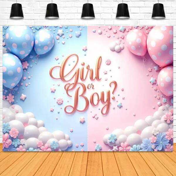 1pc Gender Reveal Powder Blue Balloon Heart Star Design Backdrop Fabric For Gender Reveal Party Cake Smash Backdrop Photography Portrait Decoration Banner Vinyl