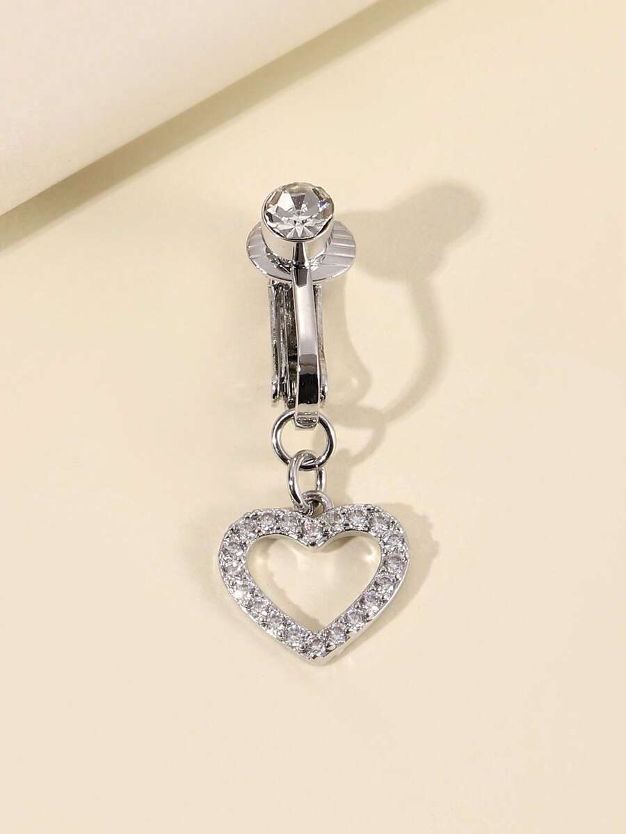 1pc Rhinestone Accent Heart Shaped Fake Belly Button Ring Jewelry For Women - Silver - View 1