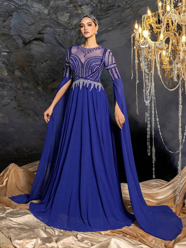 Faeriesty Abaya 优雅圆领 A 字型晚礼服，带有夸张的喇叭袖 - 装饰紧身胸衣、飘逸的透视延伸和结构化的轮廓 | 非常适合庆典、红毯活动、黑色领带婚礼、歌剧之夜、豪华招待会
