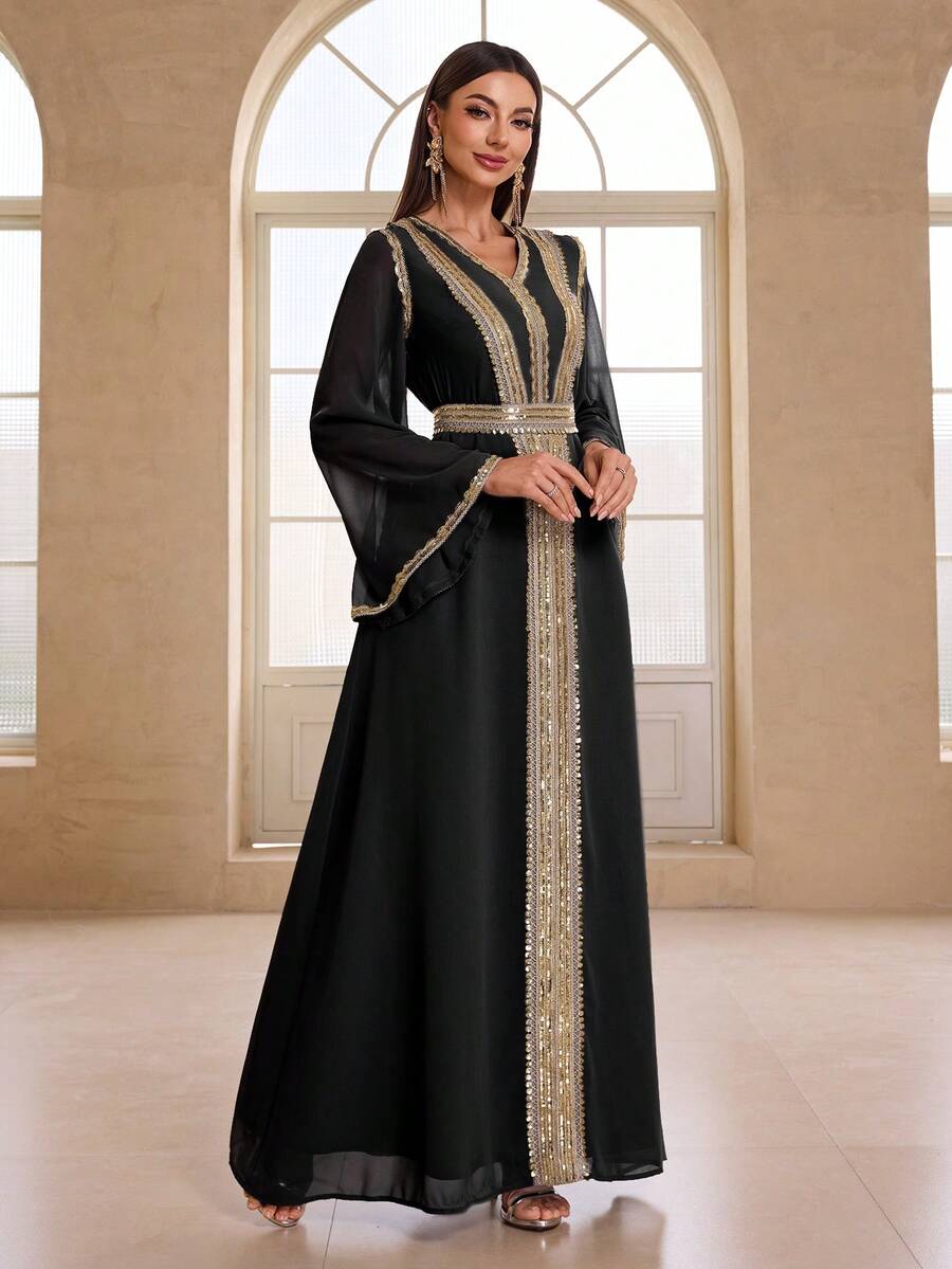 YISIKADO Váy dài tay thắt đai sequin chiffon phong cách Ả Rập dành cho nữ cho những dịp trang trọng