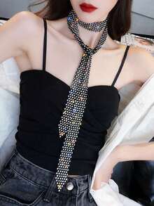 2/1 Fashionable And Versatile Bright Rhinestone Necklace Tie Neck Chain Waist Chain Internet Celebrity Neck Ribbon Dance Performance Rhinestone Tie Cool Casual Nightclub Party - Black Background Colorful Diamond 125cm - View 3