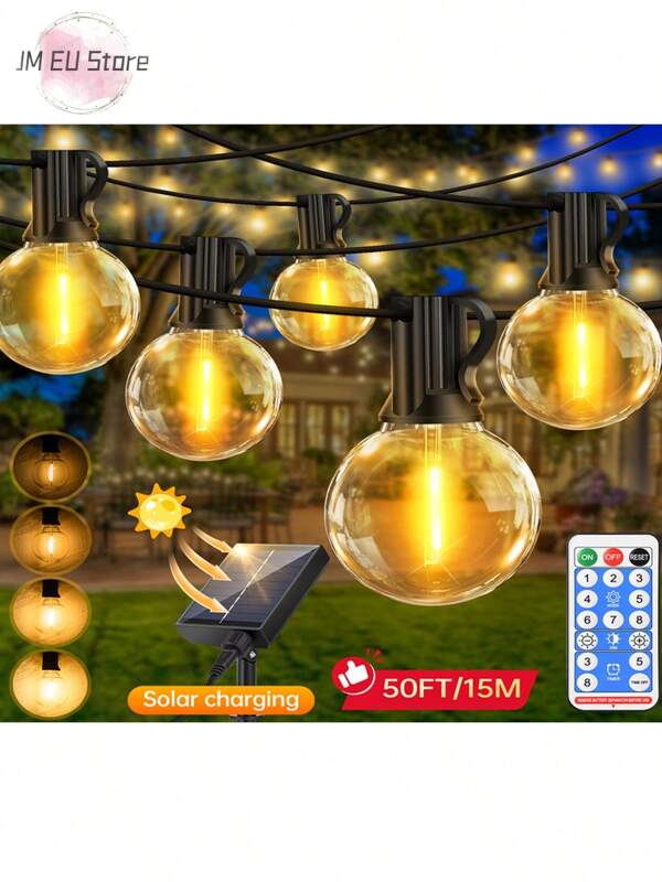 LIPETY Guirnalda de luces LED solares para exteriores, 15,24 m, 19,88 m o 30,54 m, con temporizador regulable, bombillas G40, iluminación colgante para patio con control remoto, ideal para balcones, jardines, cenadores, patios, toldos, bodas, fiestas y regalos de Navidad y Acción de Gracias.