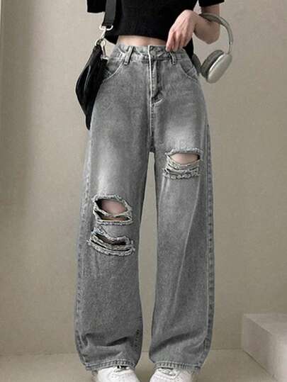 随机不对称破洞高腰休闲百搭牛仔裤