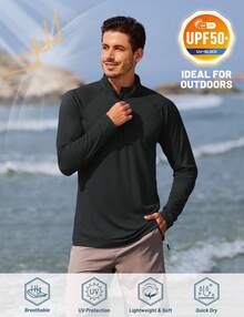 FASBUCO Men's Long Sleeve Athletic Shirts 1/4 Pullover Zip Sun Protection Rash Guard UPF 50+ Outdoor Running T-Shirts - Black - View 3