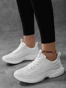 New Women Versatile Lightweight Mesh Breathable White Sneakers, Women's Sports Shoes, Women's Fashion White Running Shoes, Student Jogging Shoes, Women's Comfortable Travel Shoes, Women's Minimalist Lace-Up White Shoes, Women's Soft Bottom Training Shoes, Women's Pure White Shoes, Women's White Fitness Shoes, Women's Road Running Shoes, White Retro Sports Shoes - All White - View 2