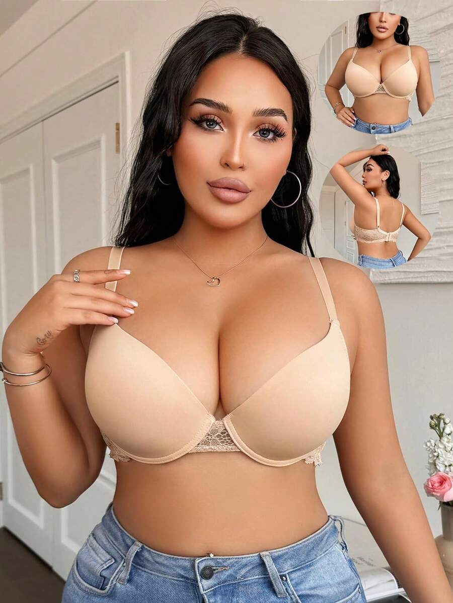 1pc Women Plus Size Lace Patchwork Seamless Comfortable Bra - Khaki - View 1