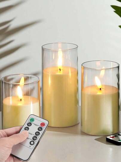 3 Peças Velas sem Chama Acrílicas com Temporizador, Controle Remoto, Velas Colunas LED, Operadas a Bateria