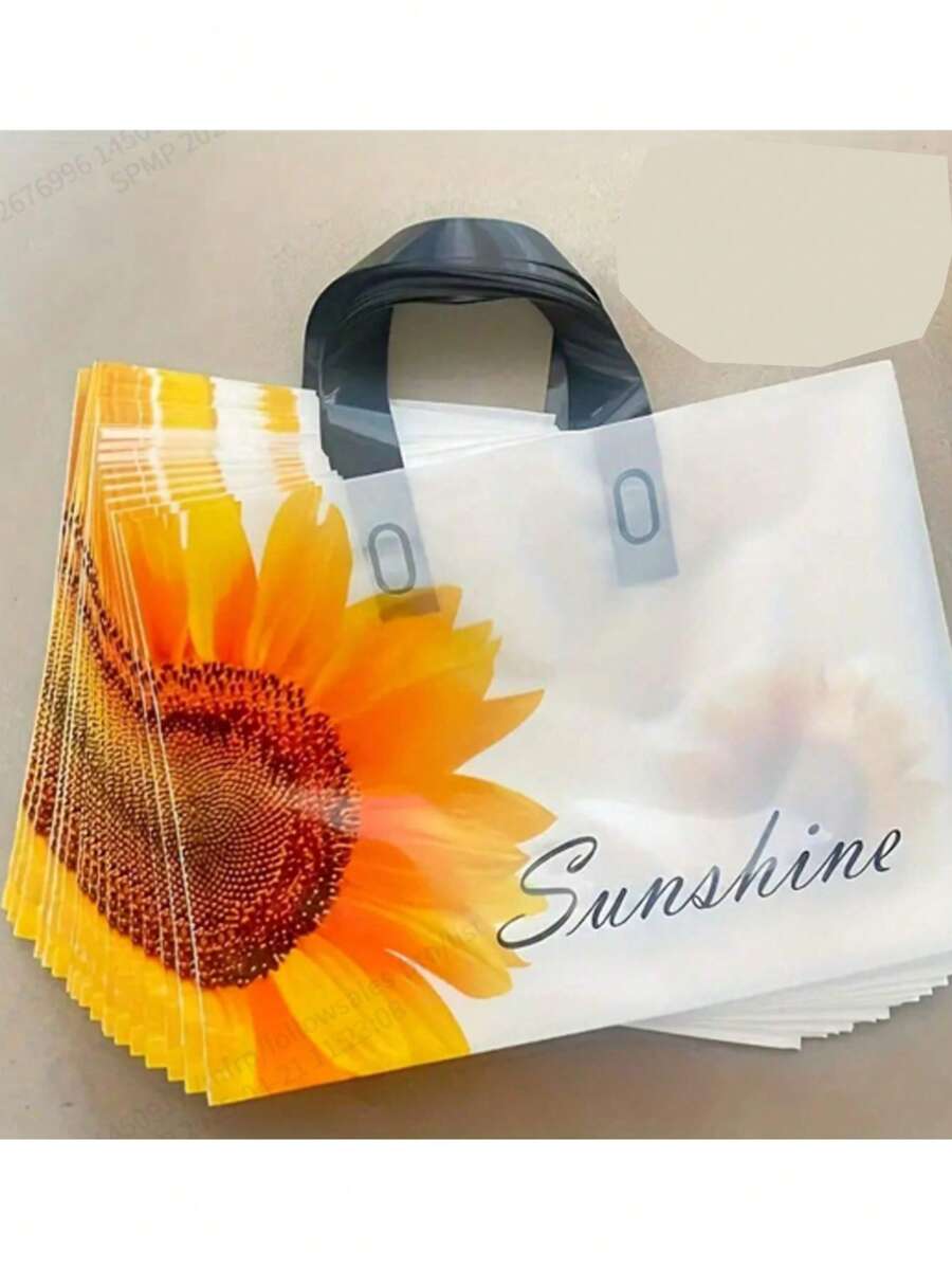 50 Peças Sacos de Presente de Plástico Reutilizáveis com Estampa Brilhante de Girassol, Design em Forma de Coração, Adequado para Compras, Festa e Ocasiões Especiais - Perfeito para Casamento, Festa de Aniversário, Decoração de Feriados, Dia das Mães, Cerimônia de Formatura, Sacos de Presente de Decoração de Girassol, Presentes de Inauguração, Comemorações de Aniversário, Decorações de Festa de Primavera/Verão, Sacos de Compras de Roupas