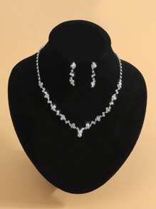 Juego de 4 piezas de accesorios de boda de novia con rhinestones plateados: collar, aretes, brazalete para mujeres