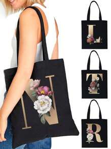 Fashion Casual Shoulder Bags Gold Letter Printing Shopper Canvas Foldable -Friendly Shopping Bag Tote Handbags Large Capacity Travel Grocery BagSchool Bag,Back To School Backpack,Large Capacity,Lightweight,Portable,Laptop Compartment, Suitable For Teen Girls Women College Students, Perfect For Back To School,College,Middle School, High School,Work , Business, Commute