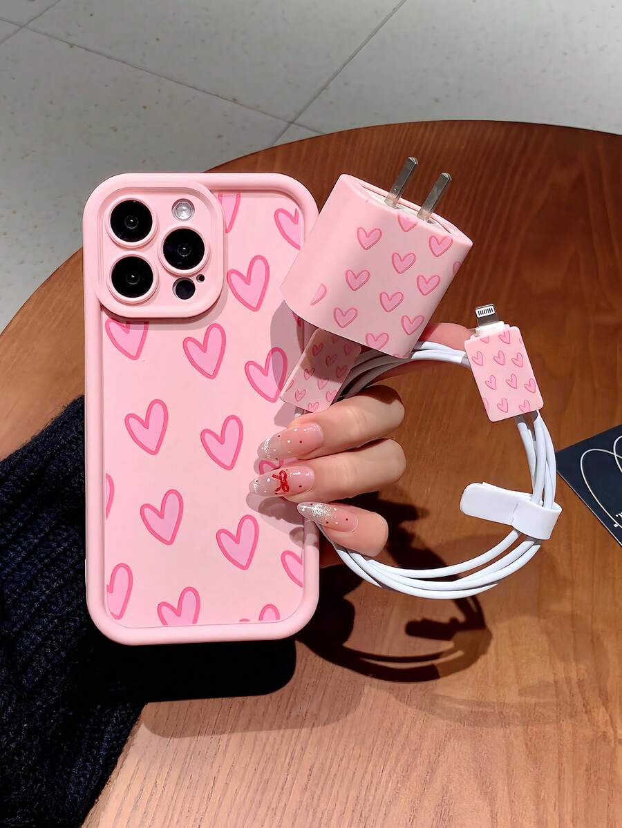 Full Screen Heart Pattern Protective Phone Case + Charger Cable Organizer Kit Compatible With Apple Phones Waterproof Shockproof Anti-Fall Scratch Resistant