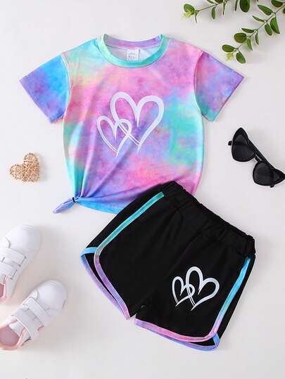 少女扎染图案心形印花短袖T恤+短裤两件套户外